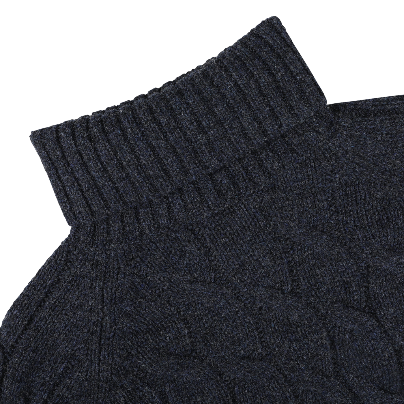 Close-up of Gran Sasso's Dark Blue Wool Cable Knit Rollneck sweater, highlighting its chunky texture and ribbed collar, made from pure virgin wool against a plain background.