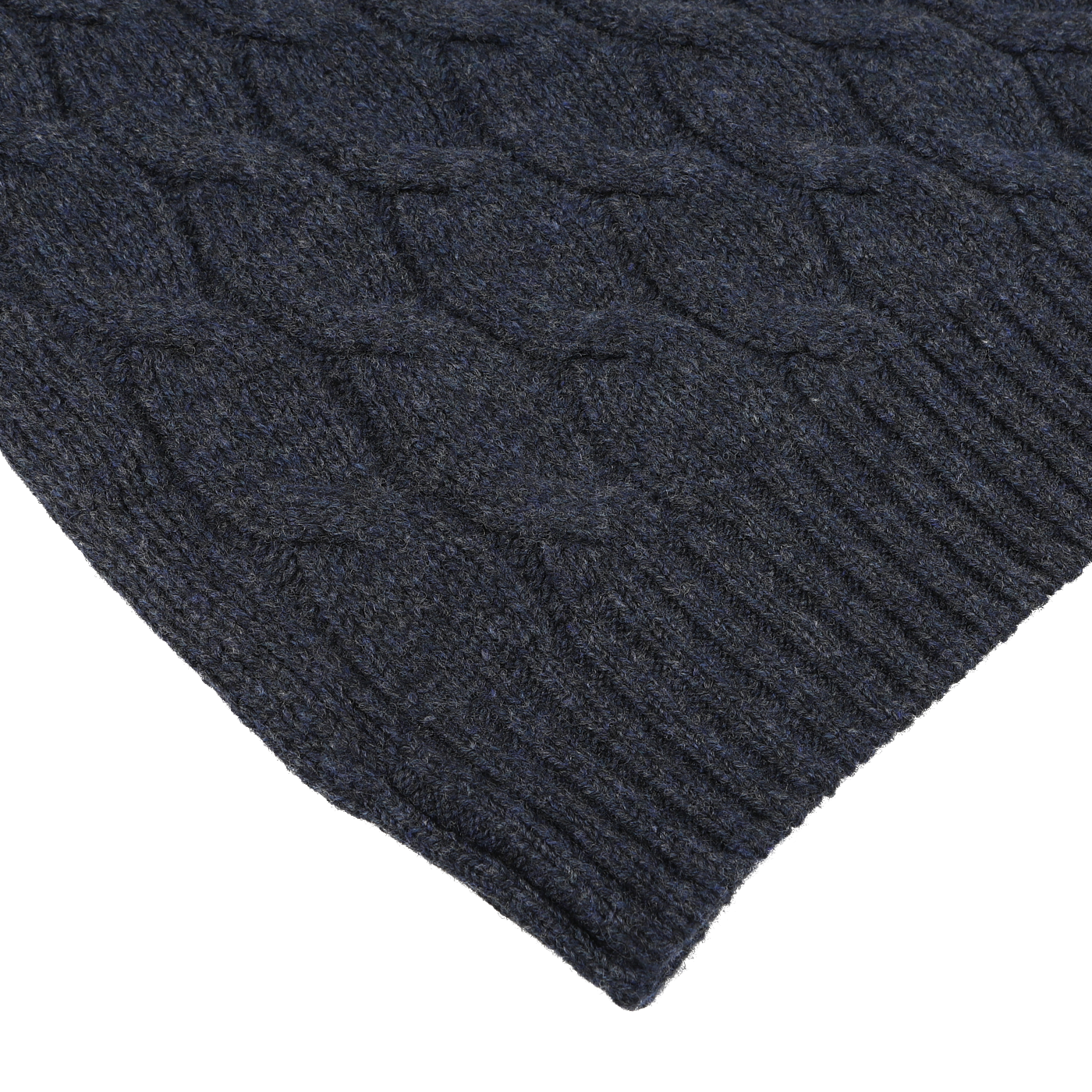 Close-up of the Gran Sasso Dark Blue Wool Cable Knit Rollneck, featuring a chunky cable-knit design with a diamond pattern and ribbed hem.