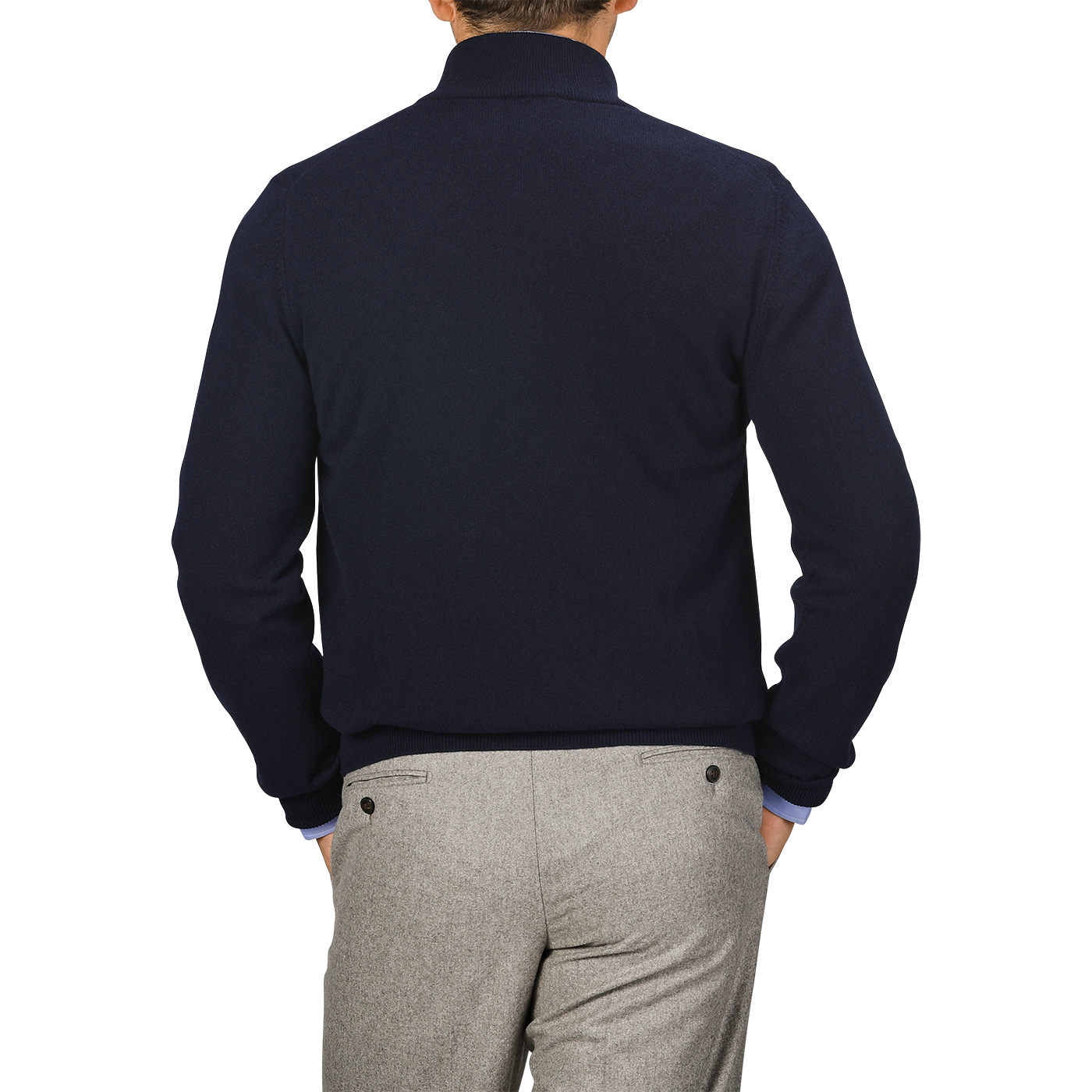 A person wearing a Gran Sasso Dark Blue Wool Cashmere 1/4 Zip Sweater and light gray pants is shown from the back, standing with their hands in their pockets.