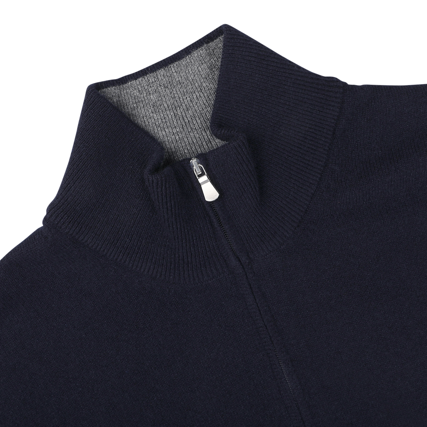 The Gran Sasso Dark Blue Wool Cashmere 1/4 Zip Sweater, featuring a high collar and partially open silver zipper, lays flat to display its light gray inner lining.