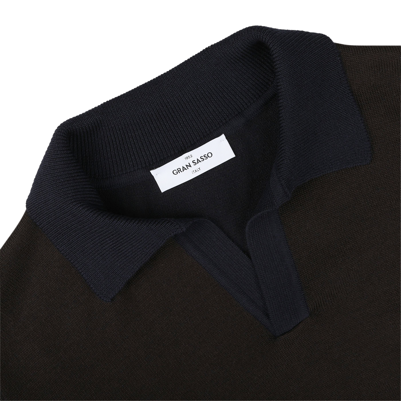 Close-up of a dark brown Gran Sasso Extra Fine Merino LS Polo Shirt, featuring a folded ribbed collar and a white label stitched inside.