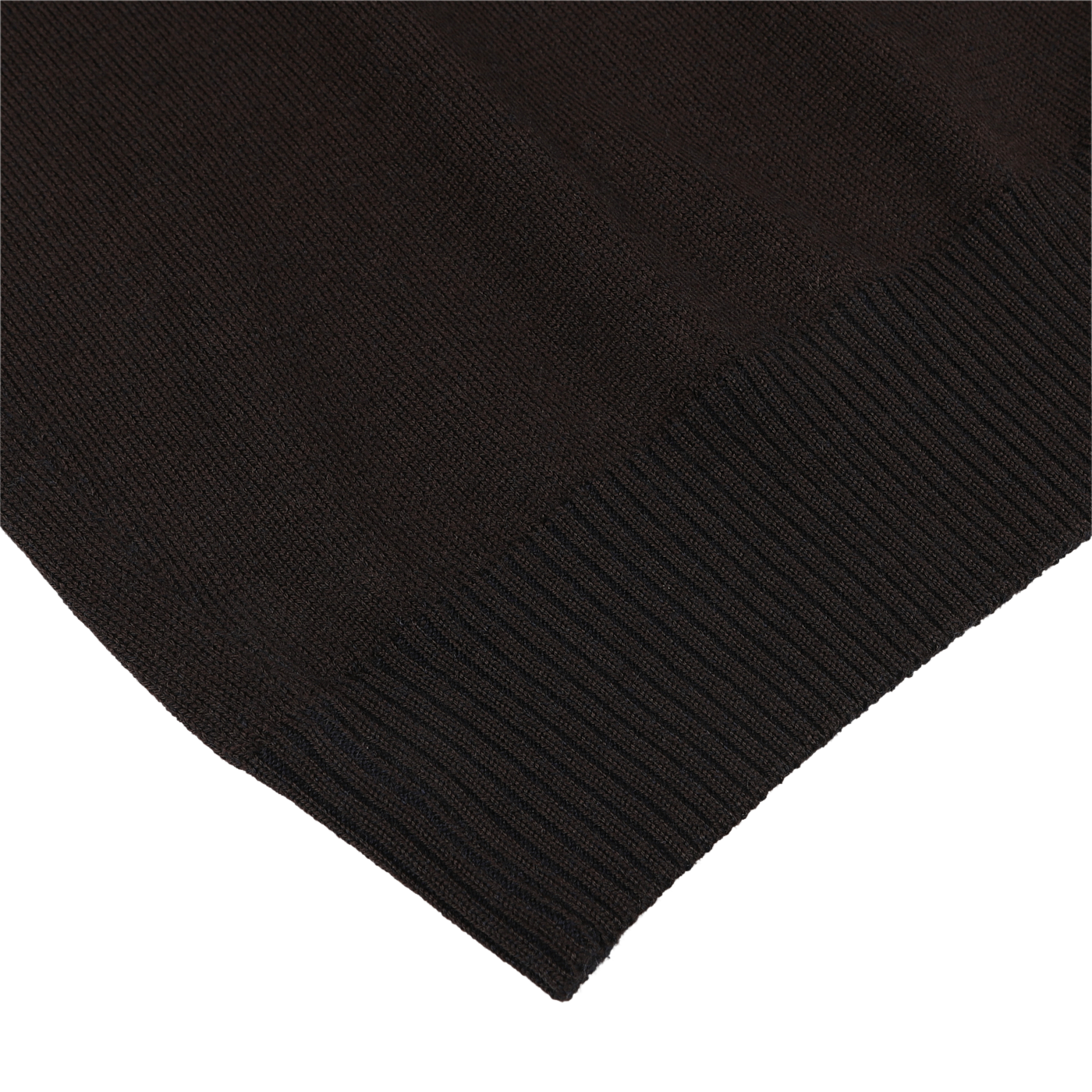 Close-up of the hem of a Gran Sasso Dark Brown Extra Fine Merino LS Polo Shirt, showcasing the ribbed texture and stitching detail. The fabric appears soft and slightly thick, crafted from extra-fine merino wool.