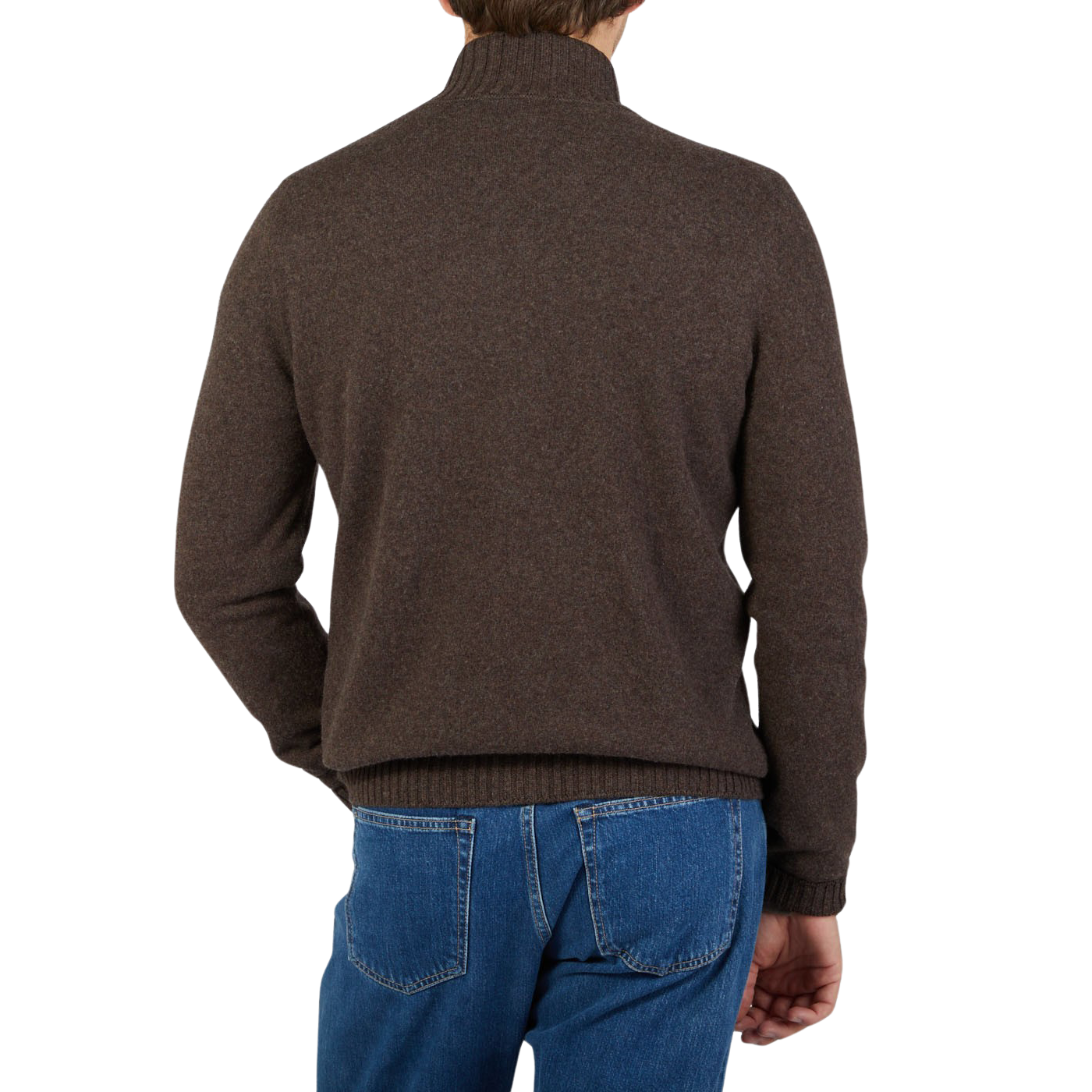The contemporary back view of a man wearing a Gran Sasso Dark Brown Felted Cashmere Zip Cardigan.