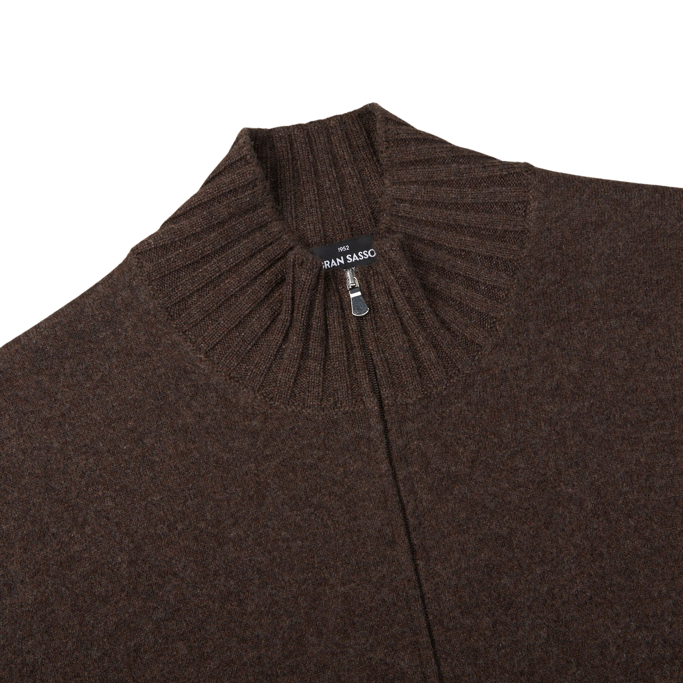 A Gran Sasso Dark Brown Felted Cashmere Zip Cardigan with a zipper on the front.