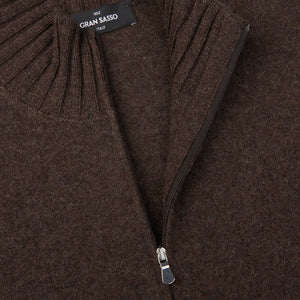 A contemporary close up of a Gran Sasso Dark Brown Felted Cashmere Zip Cardigan.