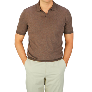 A man wearing a Gran Sasso Dark Brown Knitted Silk Polo Shirt.