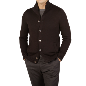 A man wearing a Gran Sasso Dark Brown Merino Wool Button Cardigan.