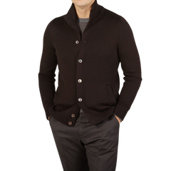 A man wearing a Gran Sasso Dark Brown Merino Wool Button Cardigan.