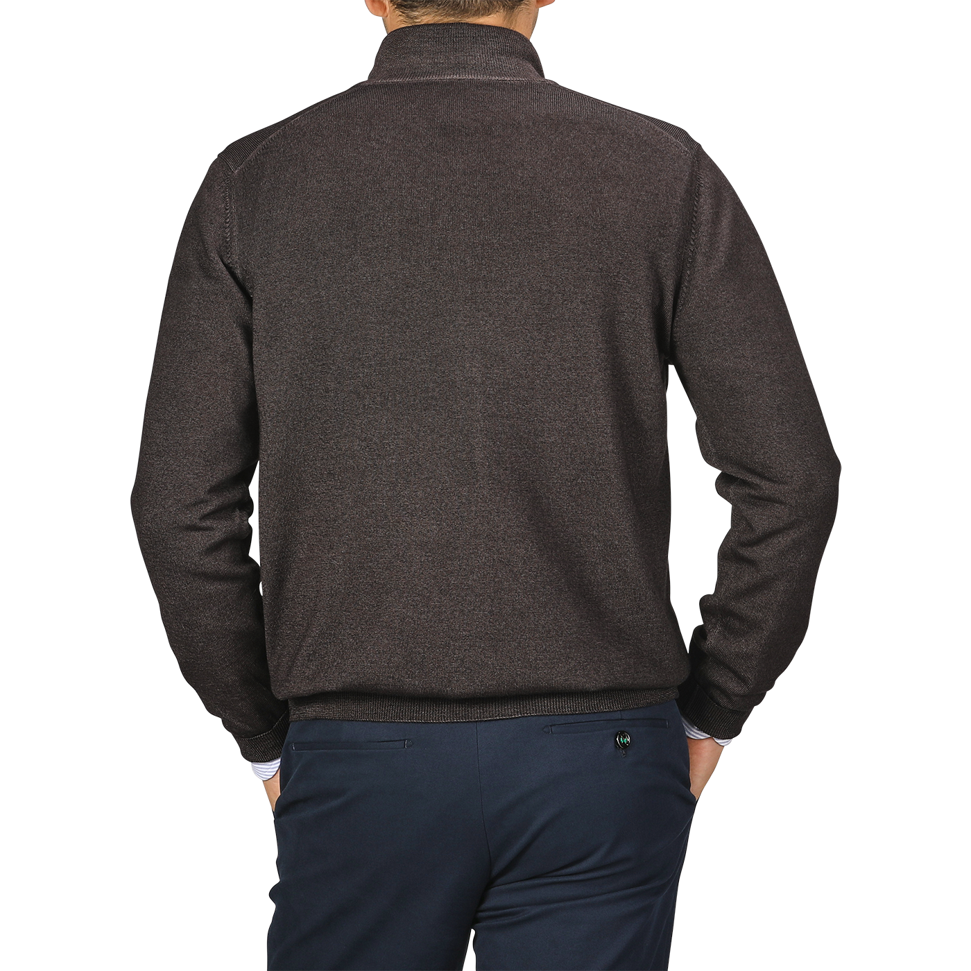 Rear view of a person wearing a Gran Sasso Dark Brown Vintage Merino Zip Cardigan and dark blue pants, with one hand in their pocket.