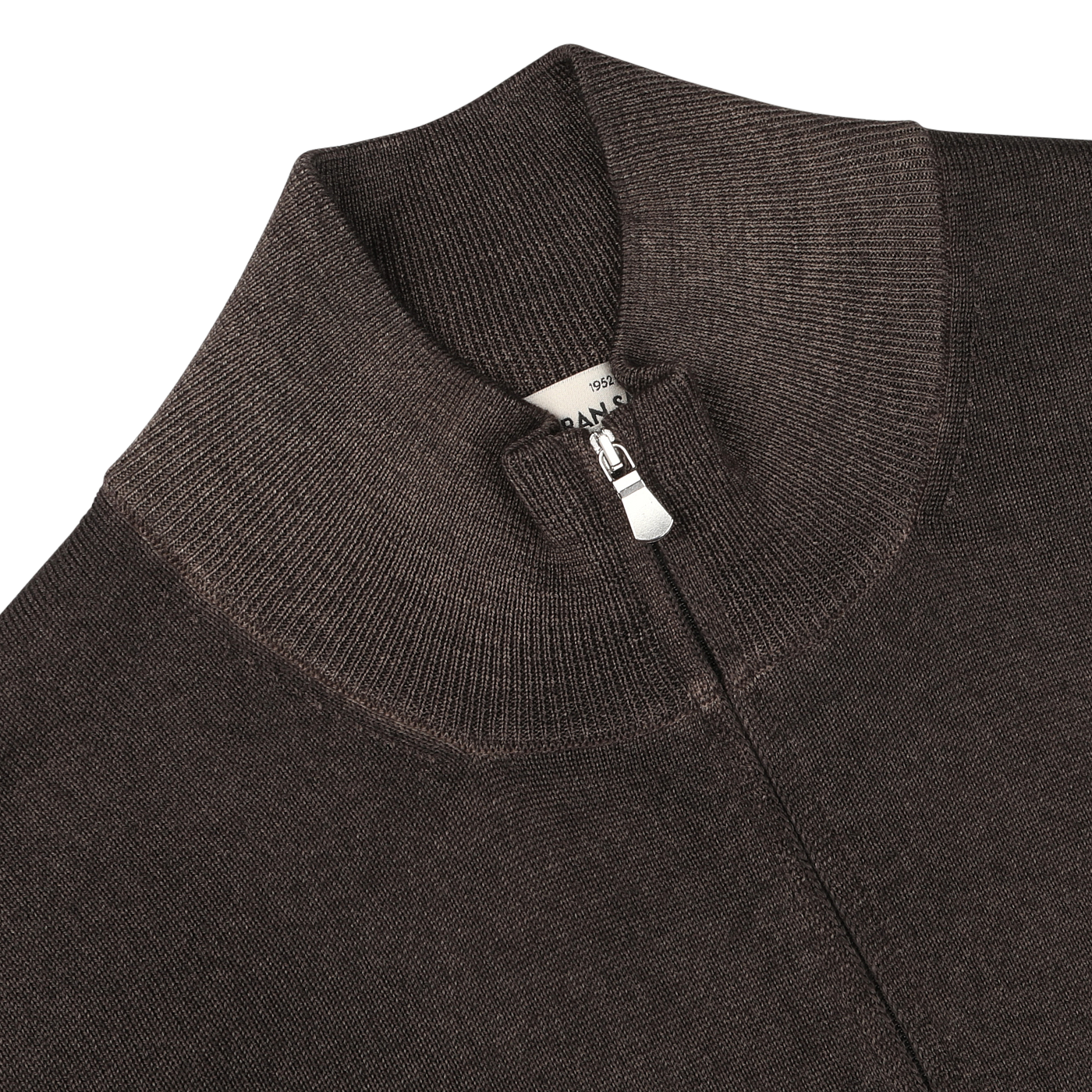 Close-up of the Dark Brown Vintage Merino Zip Cardigan by Gran Sasso, featuring a high, ribbed collar and a partially visible zipper. A white clothing tag inside the collar enhances its vintage appeal.