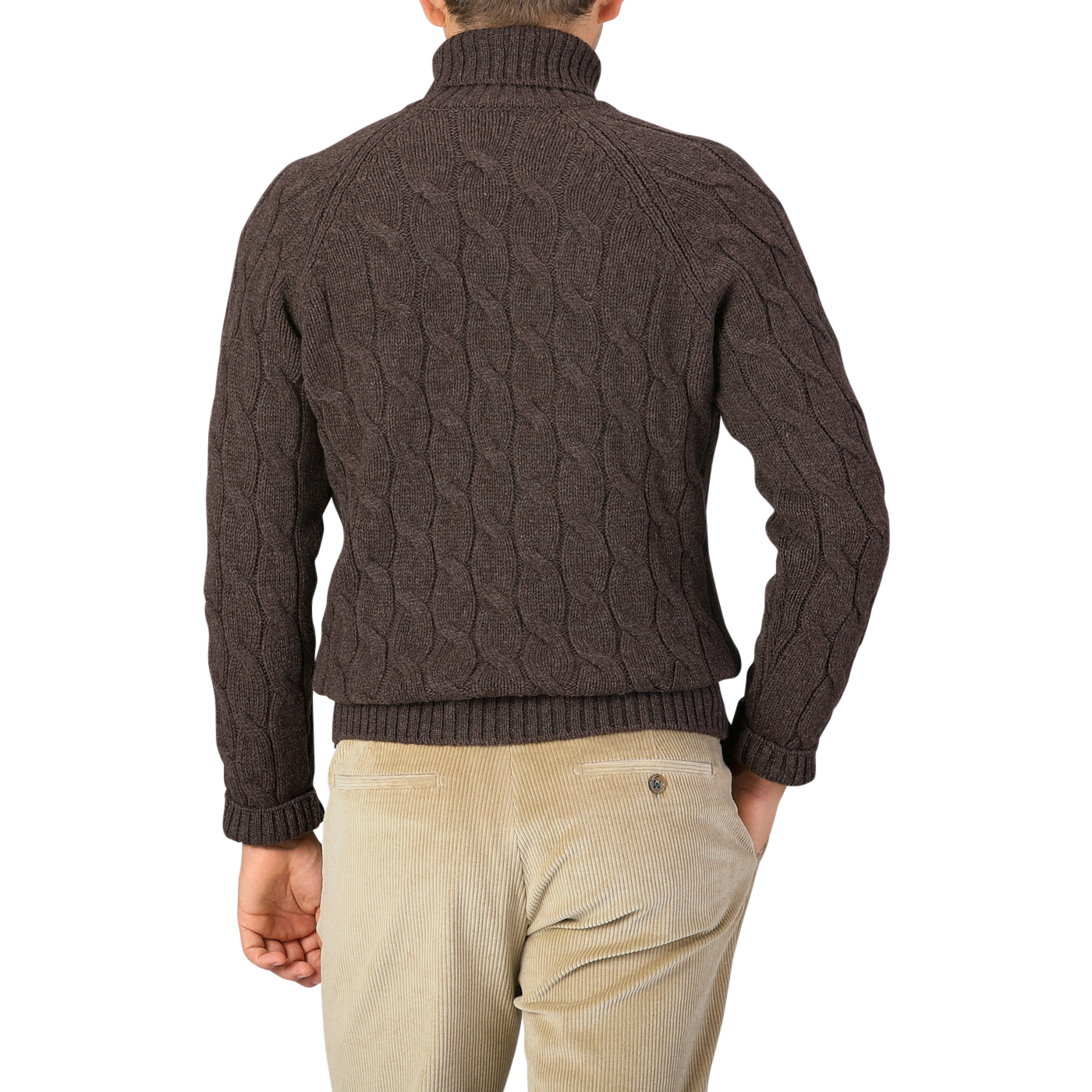 A person with short hair, seen from behind, is wearing a Gran Sasso Dark Brown Wool Cable Knit Rollneck made of pure virgin wool and light beige corduroy pants.