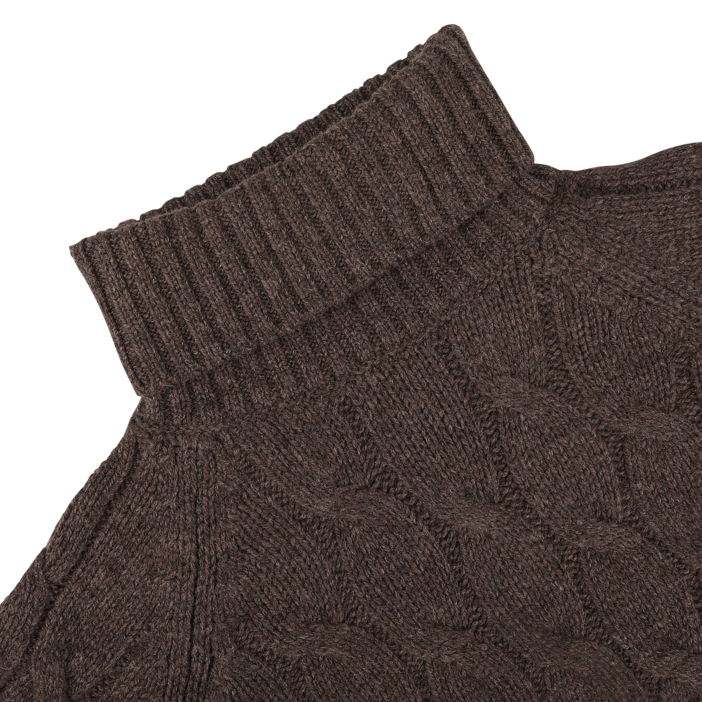 Close-up of the Gran Sasso Dark Brown Wool Cable Knit Rollneck, featuring intricate chunky cable-knit patterns and a ribbed collar.