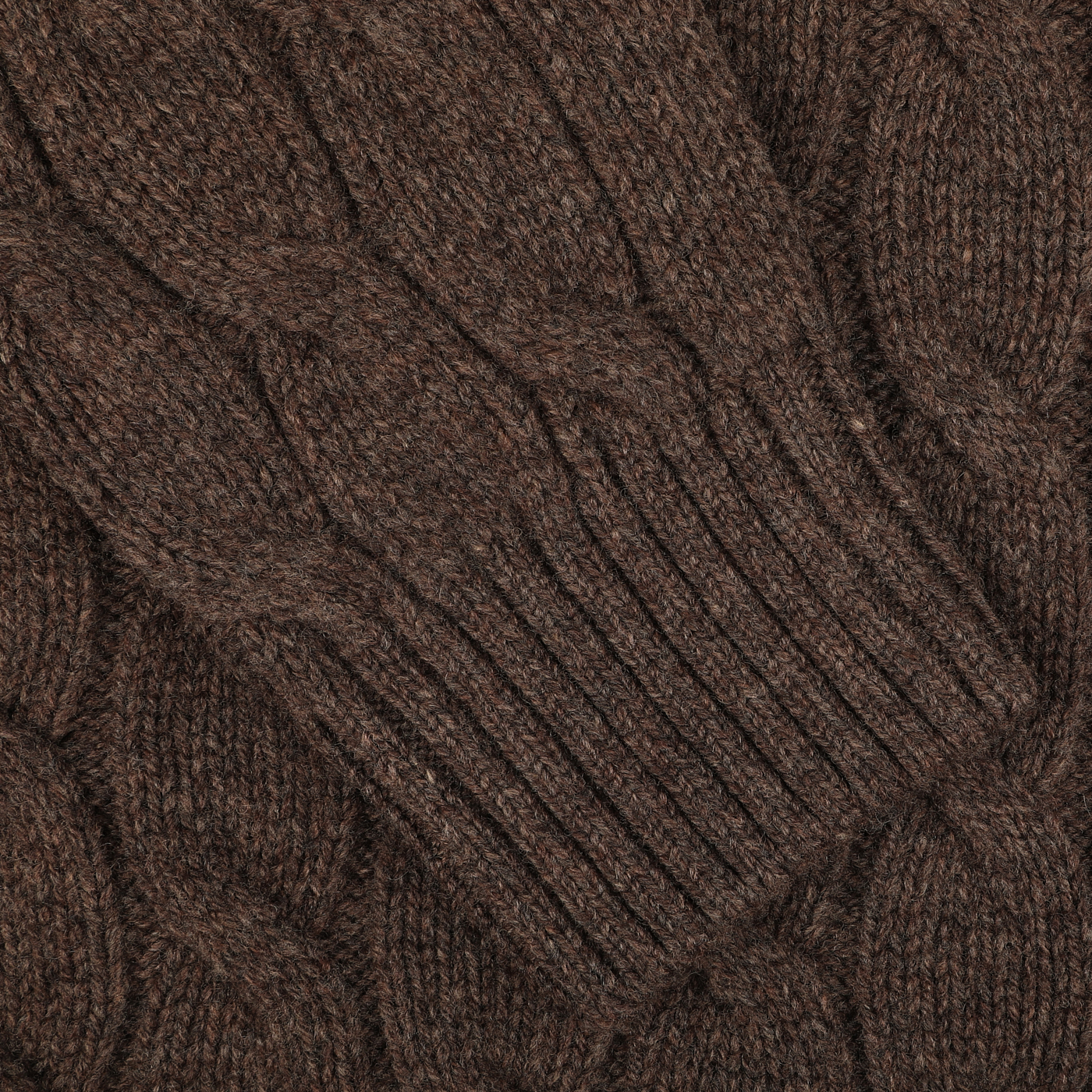 Close-up of the Gran Sasso Dark Brown Wool Cable Knit Rollneck, crafted from luxurious pure virgin wool, highlighting its intricate ribbed details.