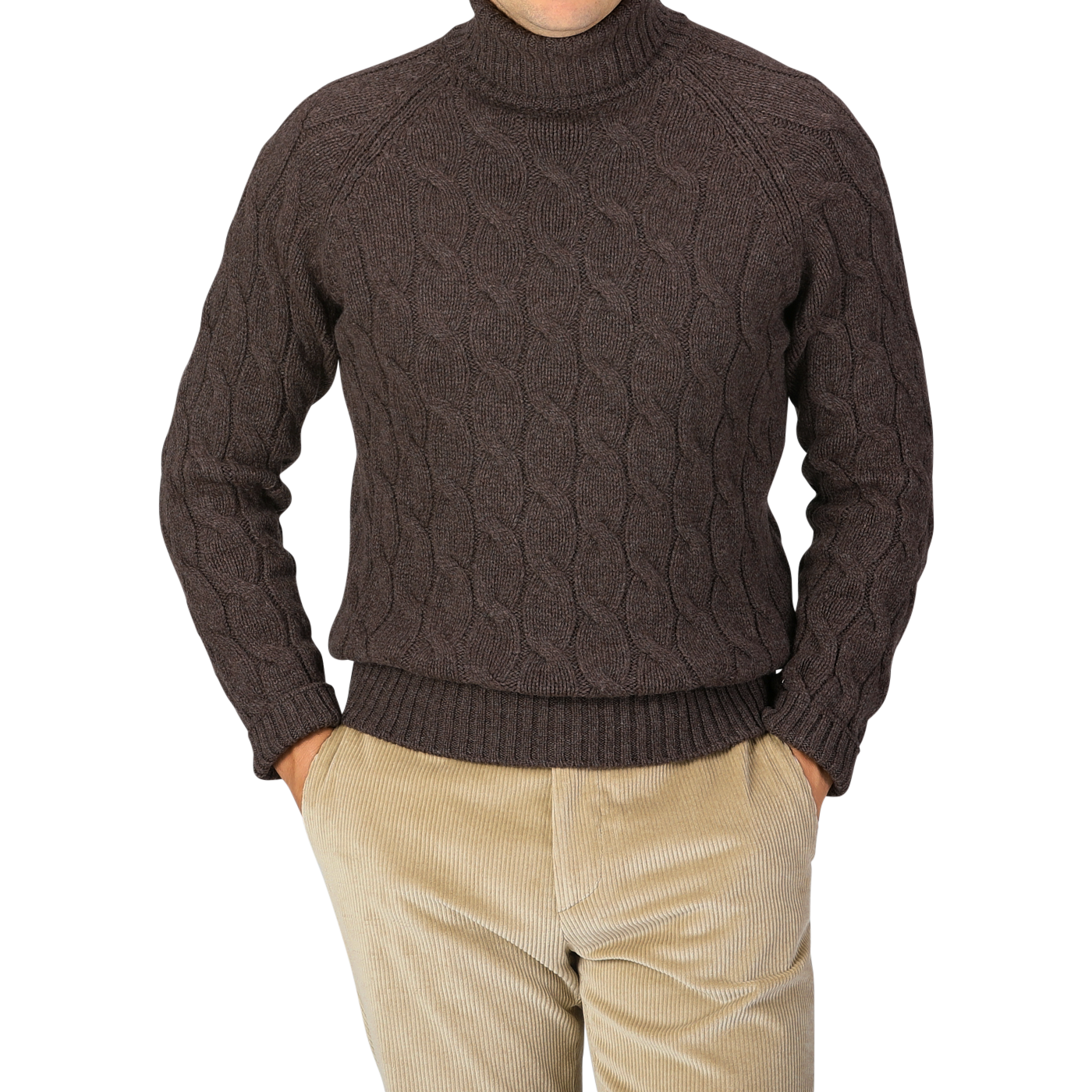 A person is wearing a Gran Sasso Dark Brown Wool Cable Knit Rollneck sweater made from pure virgin wool and beige corduroy pants, with hands in pockets.