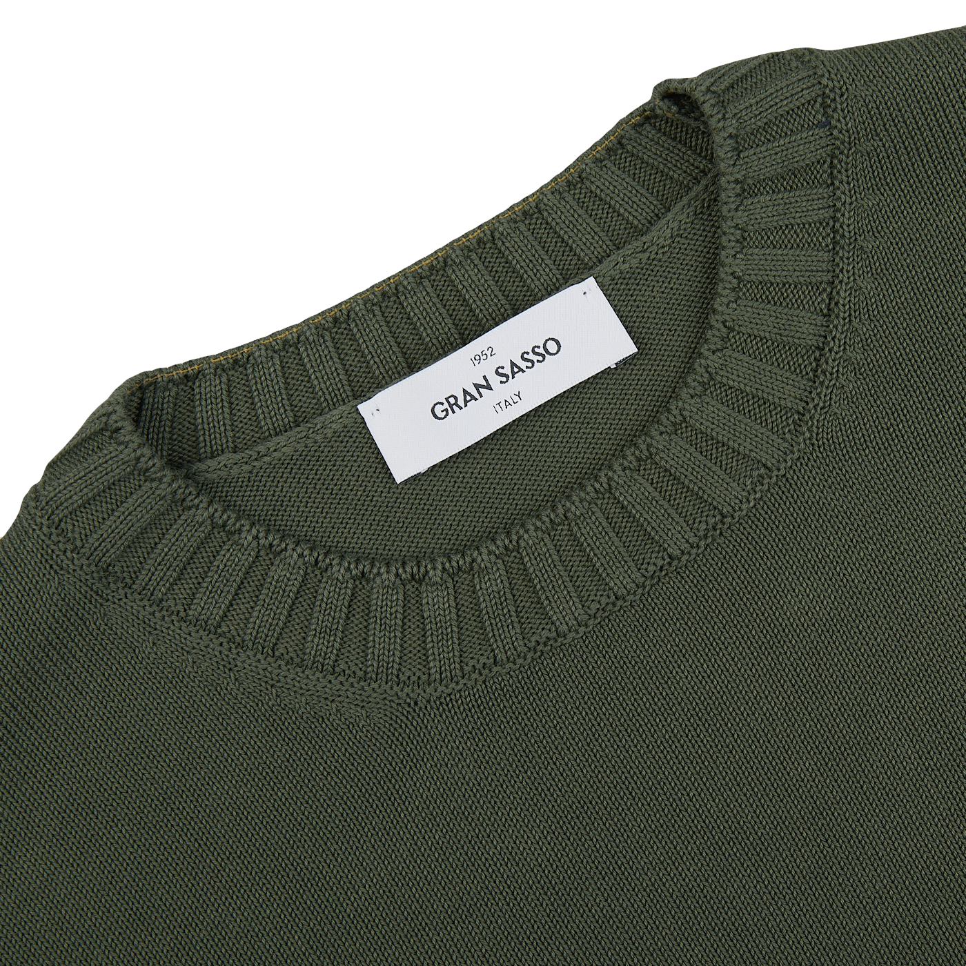 The back of a Gran Sasso Dark Green Egyptian Cotton Crewneck Sweater with a label on it.