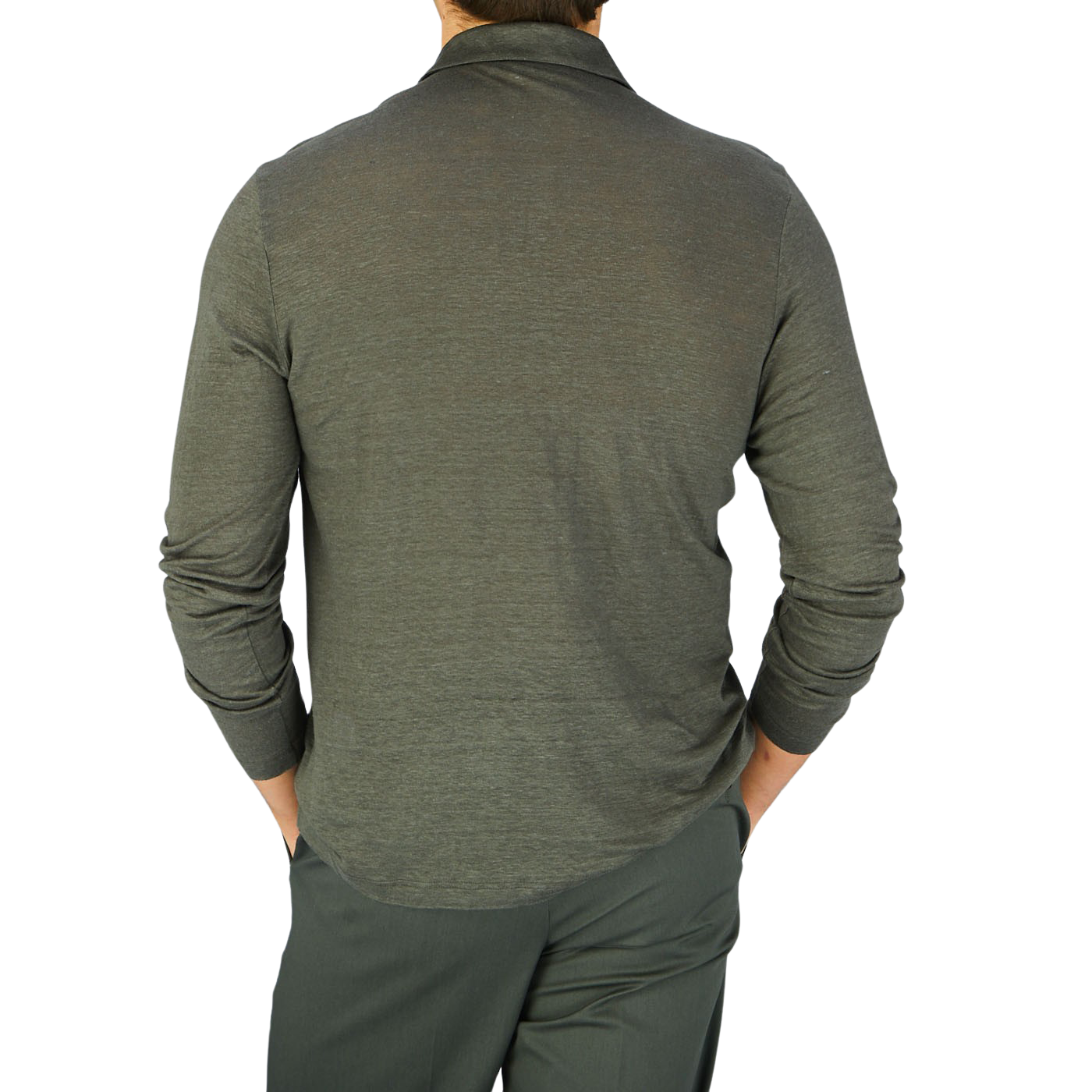 The back view of a man wearing a Gran Sasso Dark Green Knitted Linen LS Polo Shirt.