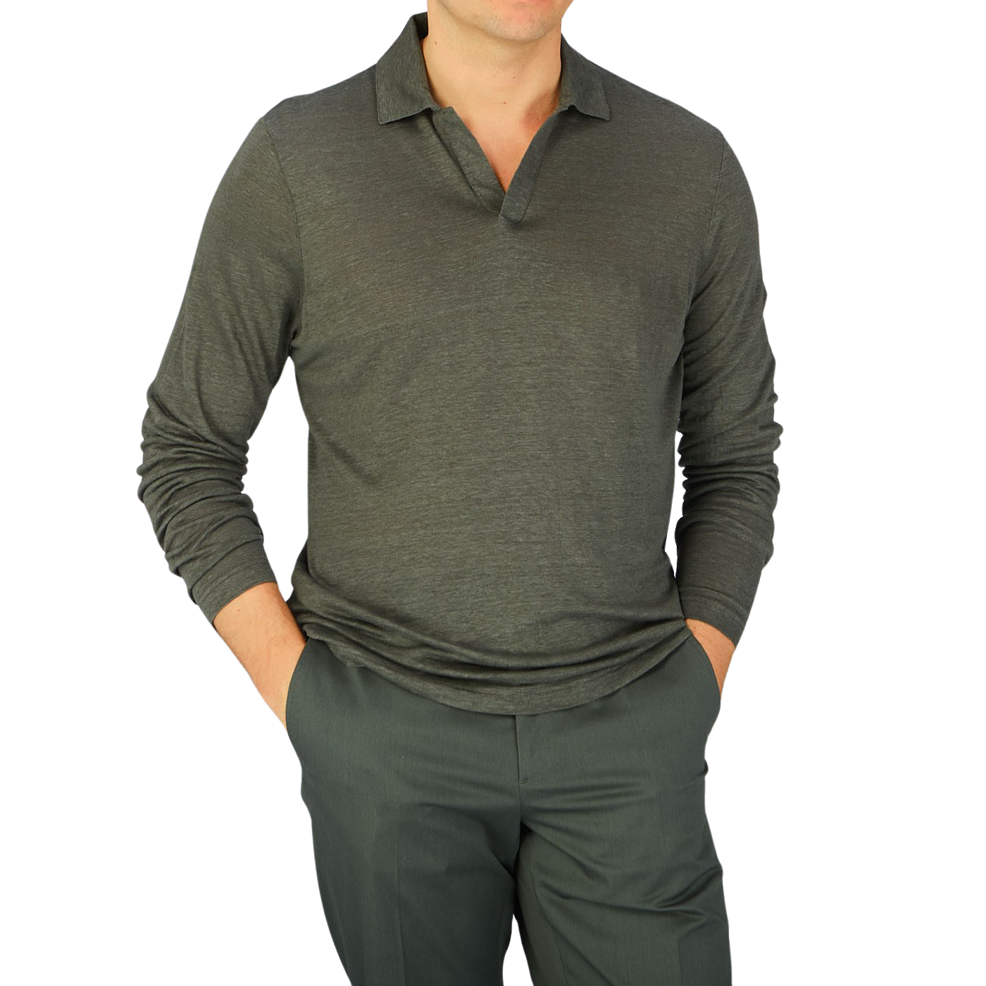 A man in a Gran Sasso Dark Green Knitted Linen LS Polo Shirt posing for a photo.
