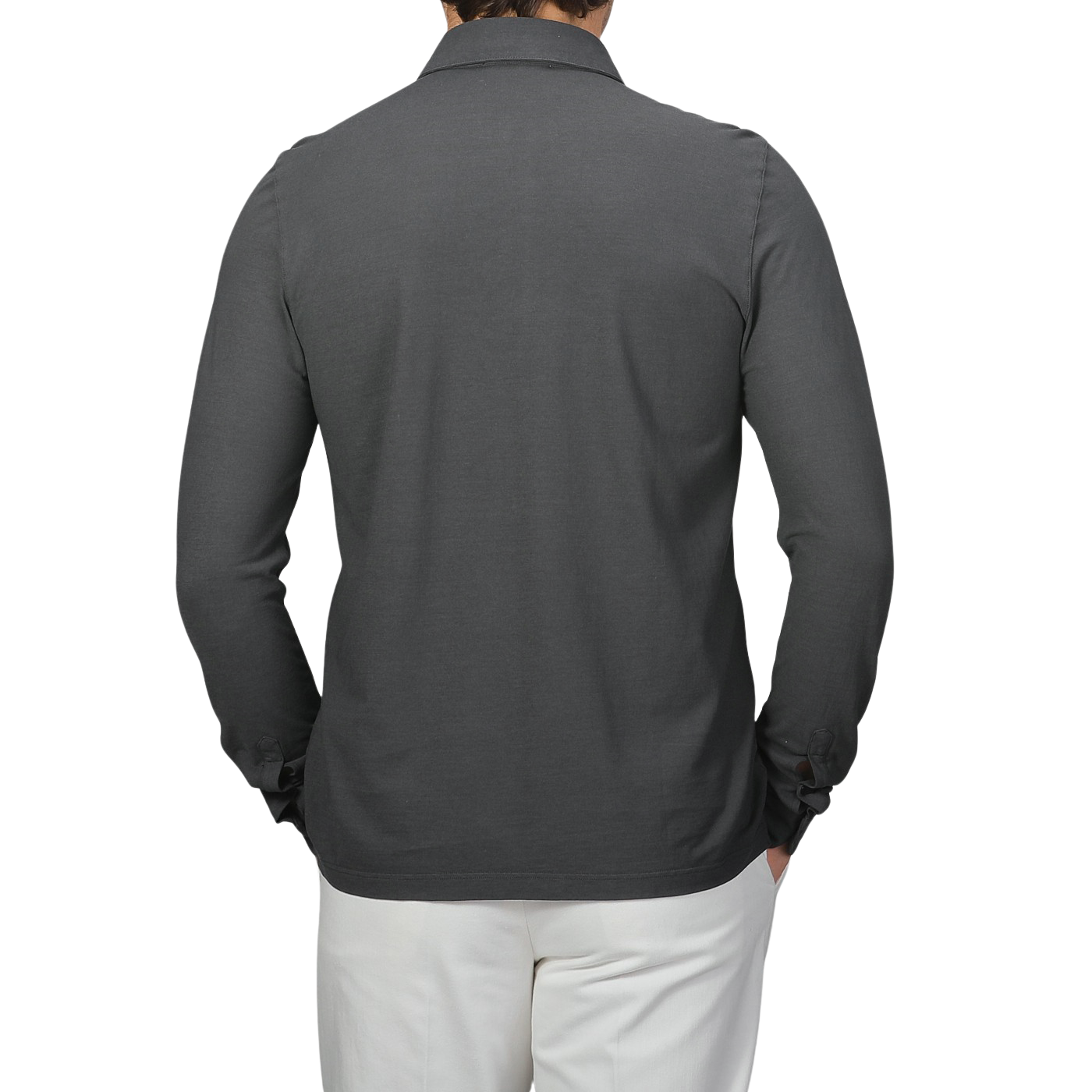 A person is facing away, wearing Gran Sasso's Dark Grey Washed Cotton Popover Shirt and white pants. The pure cotton jersey fabric pairs well with the sleek, slim fit of the outfit.