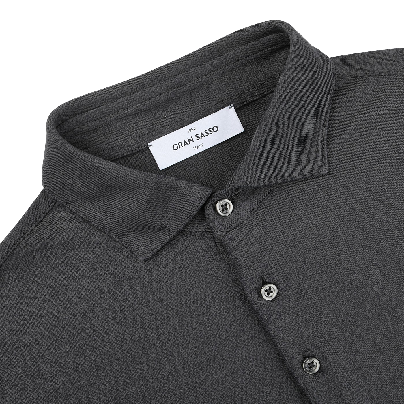 A folded Dark Grey Washed Cotton Popover Shirt by Gran Sasso showcases its label, made from pure cotton in a button-up style.