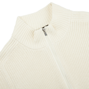 A white Ecru Rib Stitch Cotton Full-Zip Cardigan by Gran Sasso.