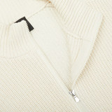 A close up of an Ecru Rib Stitch Cotton Full-Zip Cardigan by Gran Sasso.