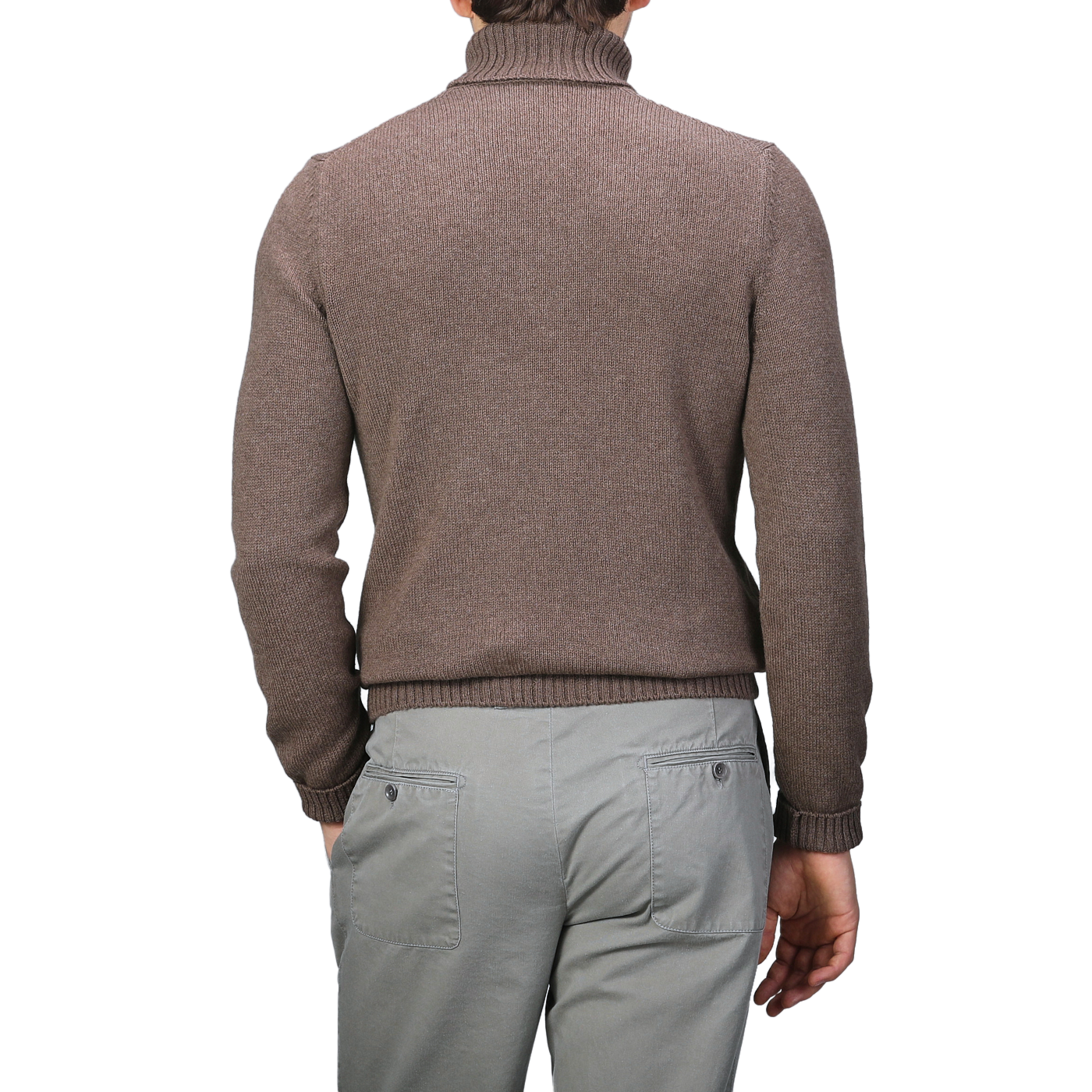 A person wearing a Fawn Brown Air Wool Rollneck by Gran Sasso and gray pants is shown from the back.