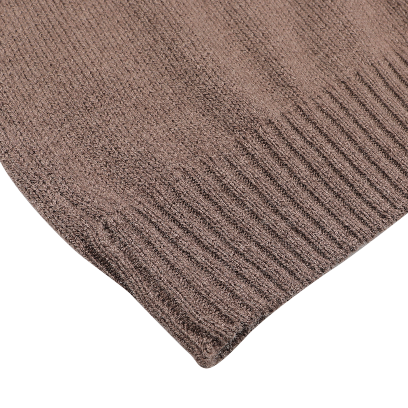 Close-up of the Gran Sasso Fawn Brown Air Wool Rollneck, highlighting its intricate knitted fabric and ribbed edge.