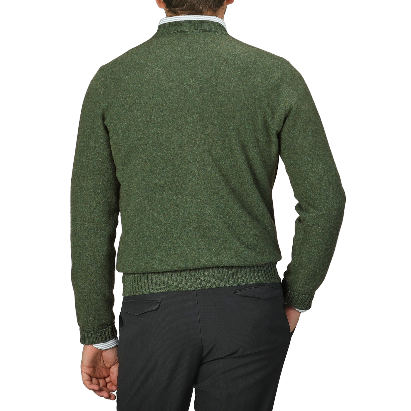 A person is shown from the back wearing a Green Felted Cashmere Crewneck Sweater by Gran Sasso, paired with black pants.