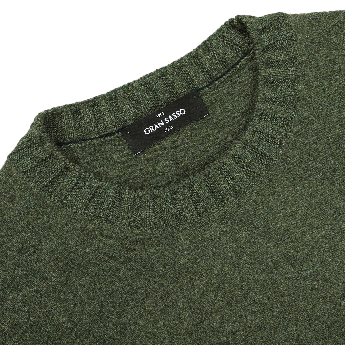 Green felted cashmere crewneck sweater by Gran Sasso, showcasing a ribbed neckline and a visible brand label on the inside.