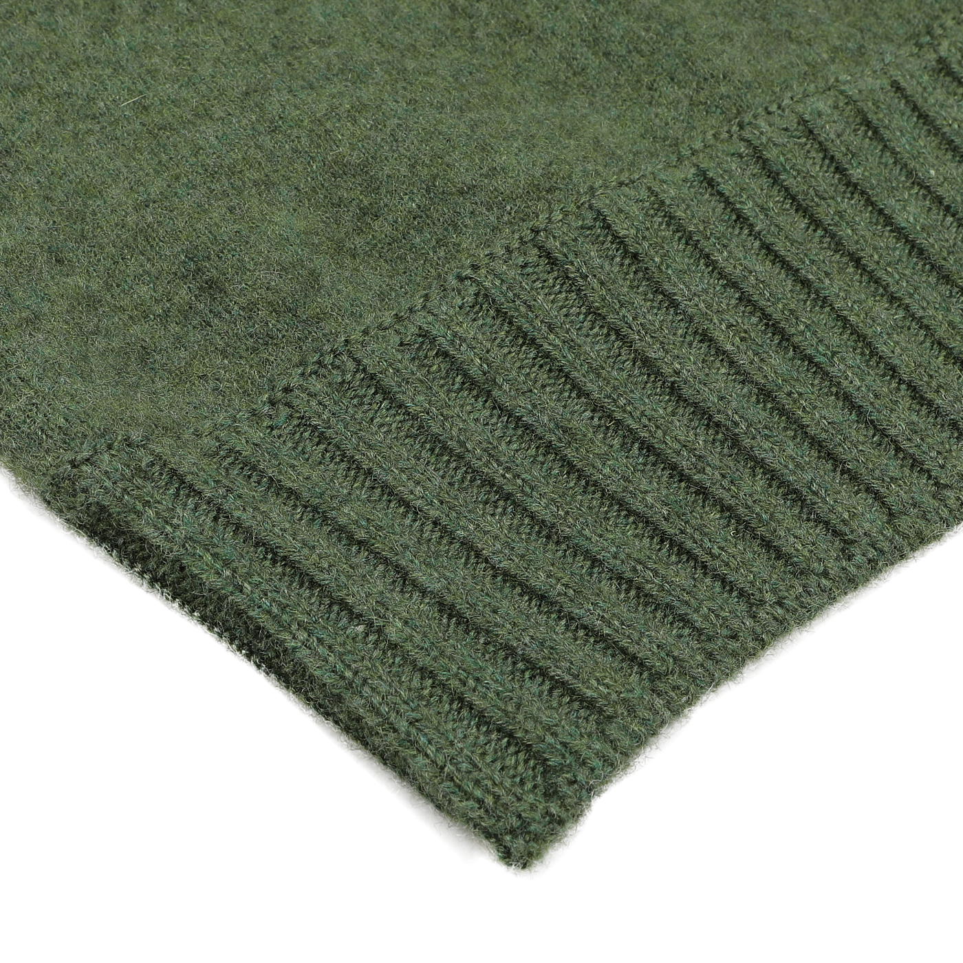 Close-up of a green knitted fabric with a ribbed texture along the edge, reminiscent of the fine craftsmanship seen in Gran Sasso’s Green Felted Cashmere Crewneck Sweater designs.