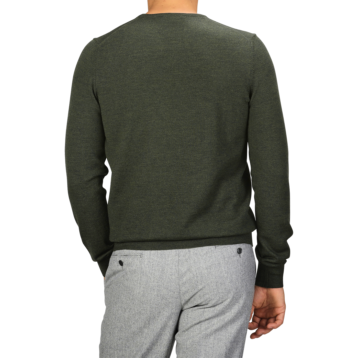 A person is wearing a Green Melange Extra Fine Merino Crew Neck sweater by Gran Sasso and light gray pants. They are standing with their back to the camera.