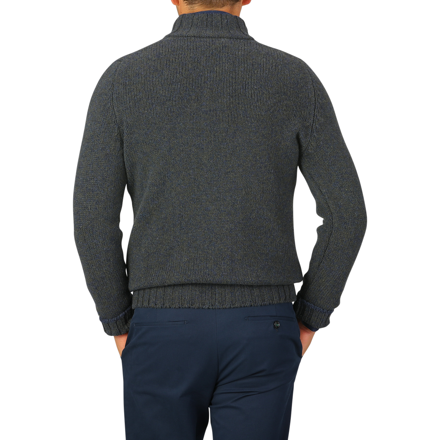 A person wearing a Gran Sasso green melange wool quarter button sweater and navy pants, shown from the back against a plain light gray background.