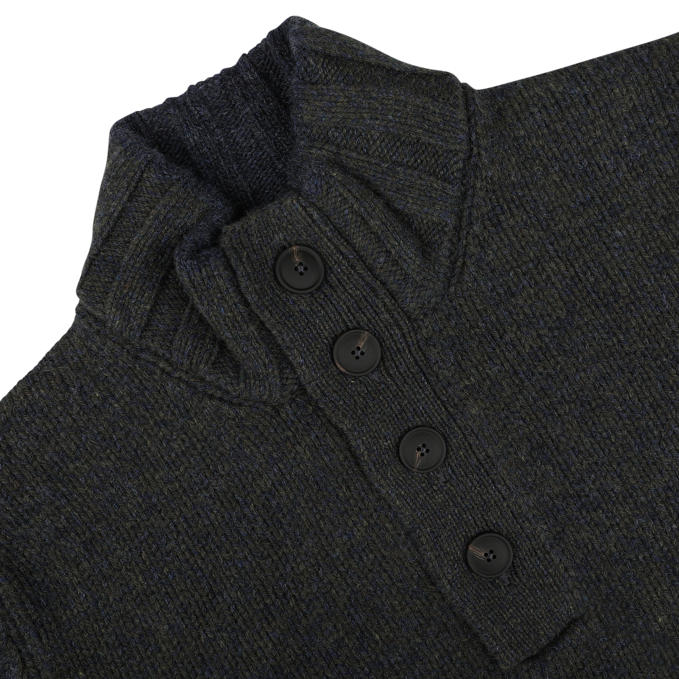 Green melange wool quarter button sweater with a high collar, featuring four black buttons along the front, made from soft merino wool by Gran Sasso.