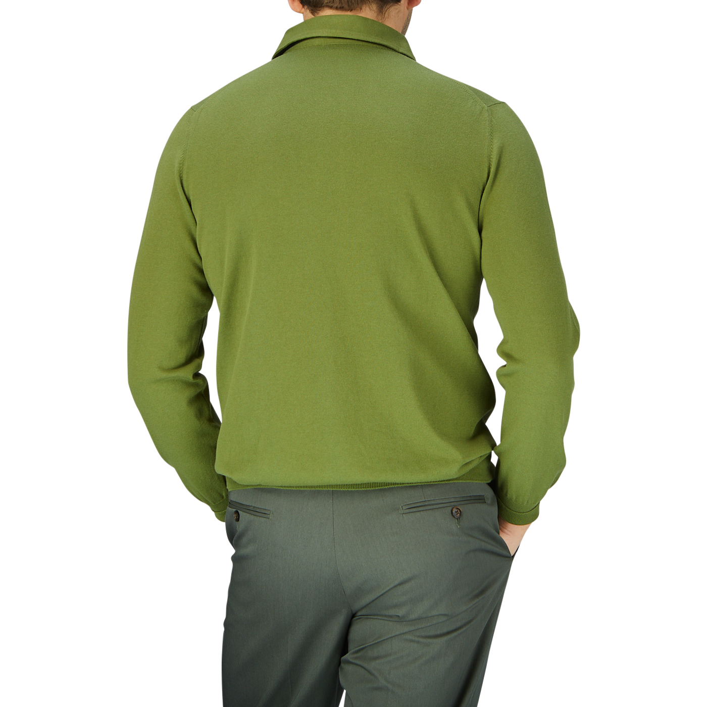 Rear view of a man wearing a Gran Sasso Green Organic Cotton LS Polo Shirt and matching trousers, standing against a light blue background.