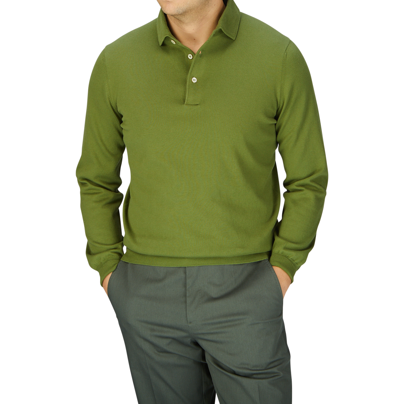 Man in a Gran Sasso Green Organic Cotton LS Polo Shirt and gray trousers against a light gray background.