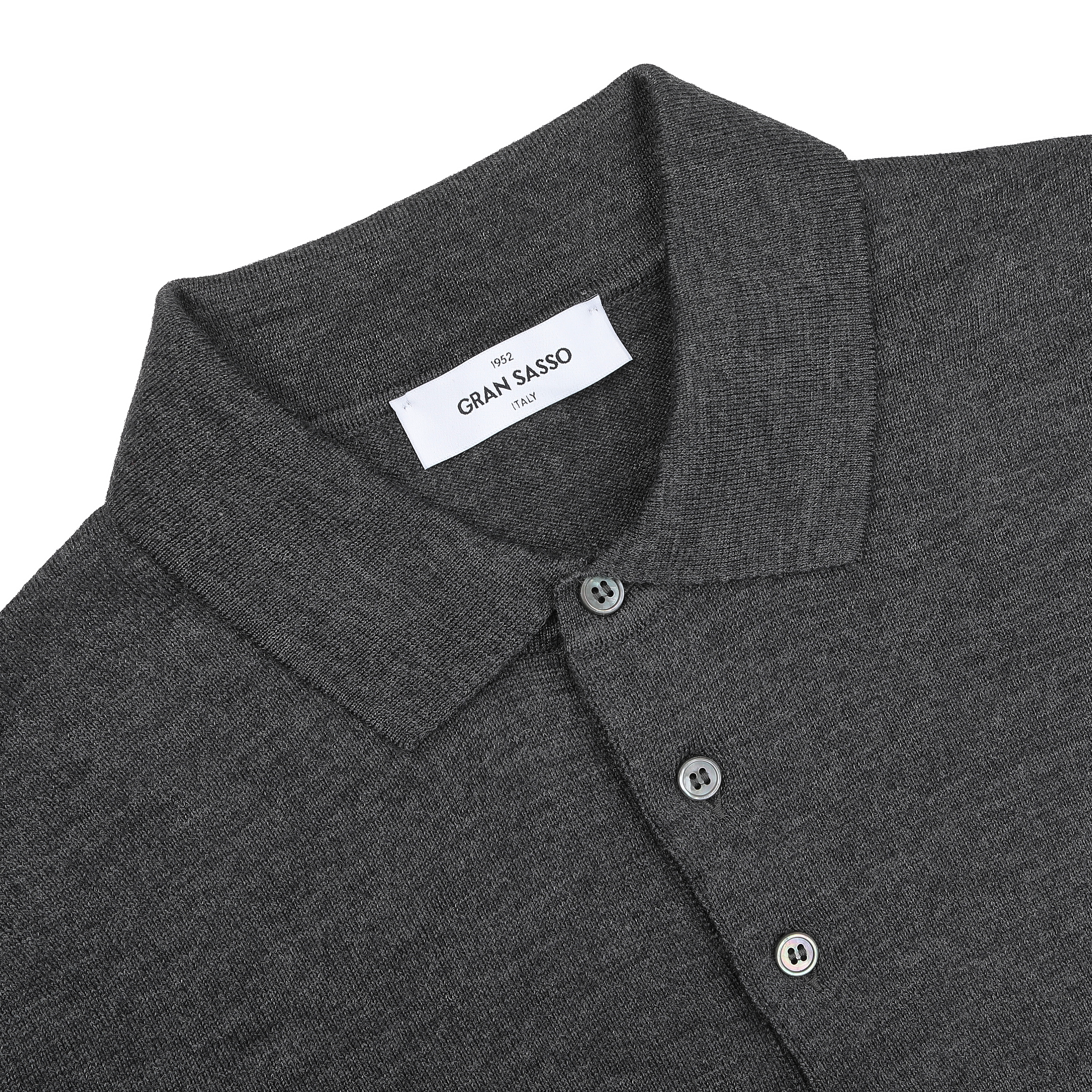 The Grey Extra Fine Merino Wool Polo Shirt by Gran Sasso features a button-up front and brand label on the neckline.