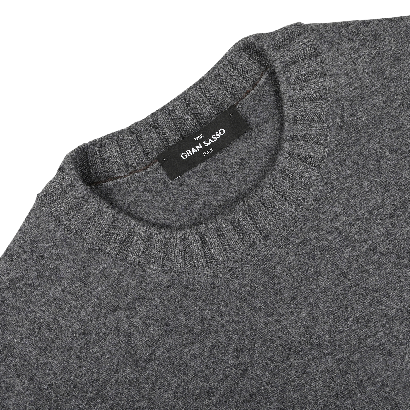 Grey felted cashmere crewneck sweater with a ribbed collar. The label reads "Gran Sasso Italy.