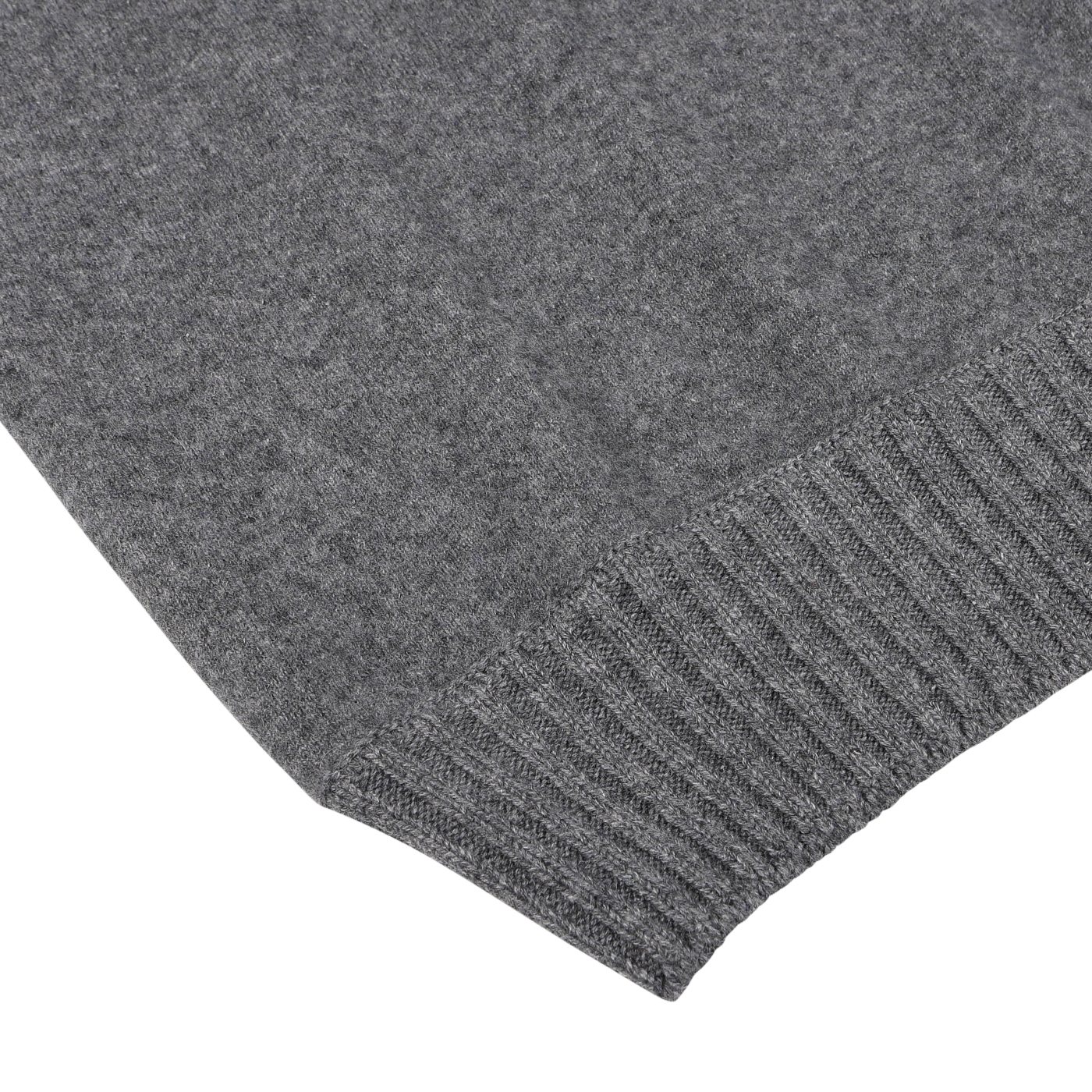 Close-up of a Grey Felted Cashmere Crewneck Sweater by Gran Sasso, showing the ribbed edge of its sleeve or hem against a white background.