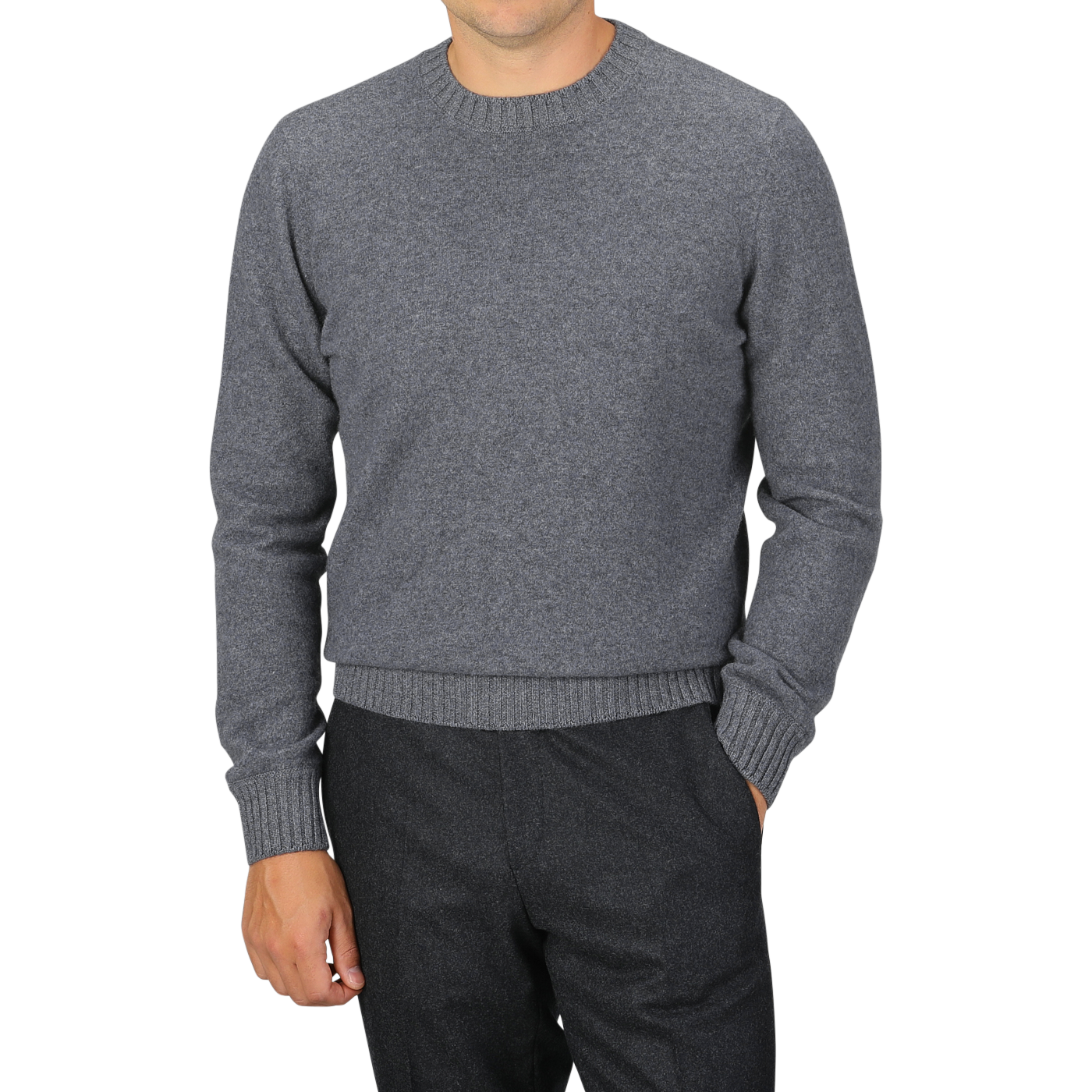 A person is wearing a Gran Sasso Grey Felted Cashmere Crewneck Sweater with black pants, standing against a plain background. Their face is not visible.