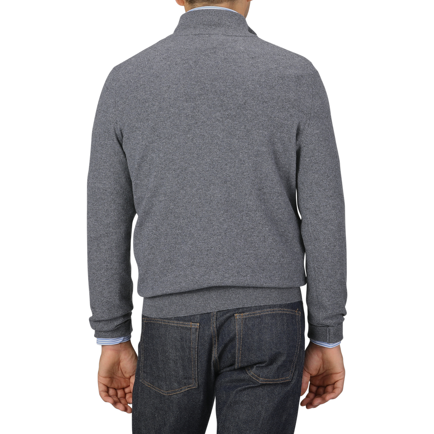 A person wearing a Grey Melange Cashmere 1/4 Zip Sweater from Gran Sasso and blue jeans is shown from the back, standing against a plain background.