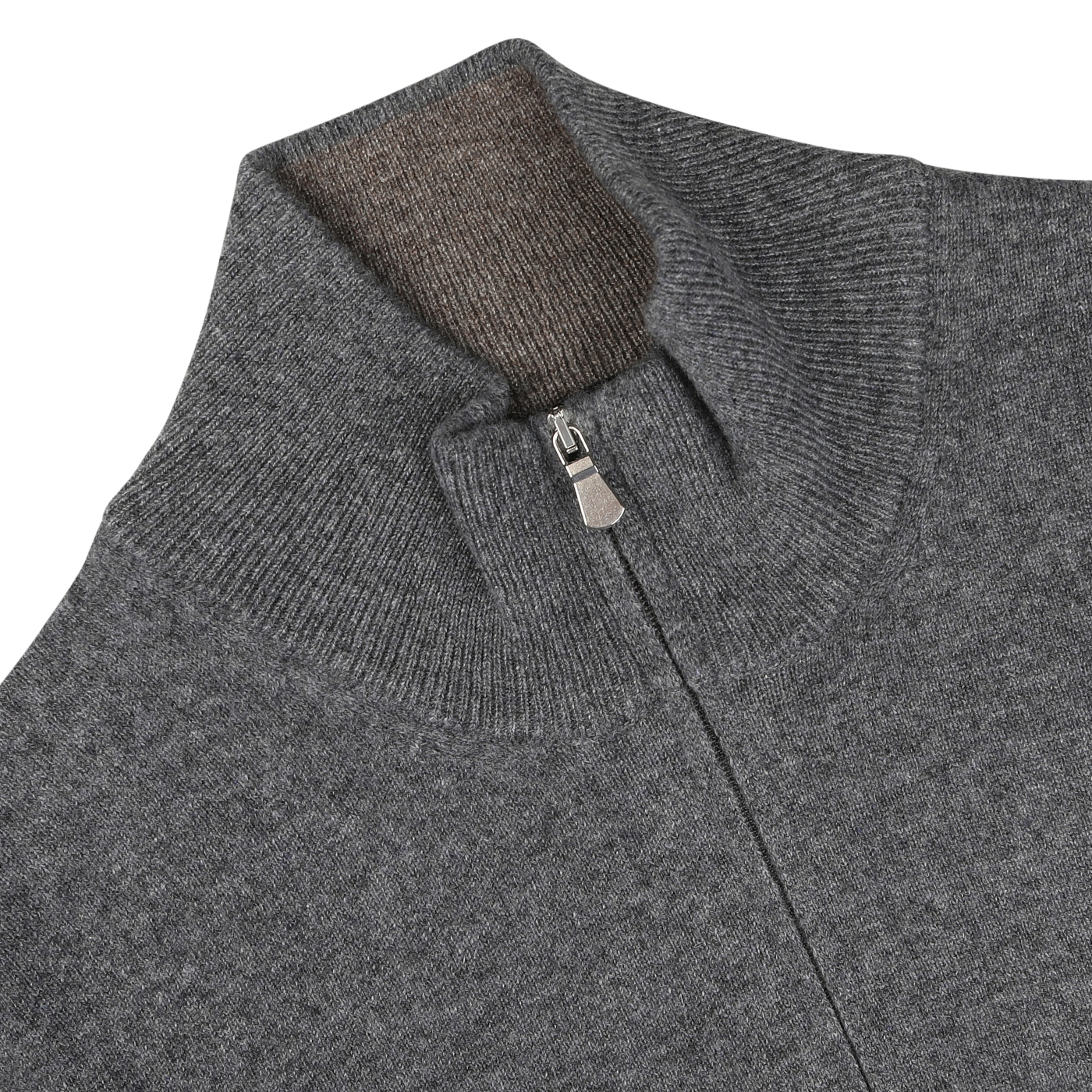 Close-up of the Gran Sasso Grey Melange Cashmere 1/4 Zip Sweater, showcasing its high collar with a partially open zipper that reveals the inner collar lining. Meticulously crafted from pure cashmere, the fabric exudes a soft and textured feel, epitomizing luxurious premium knitwear.