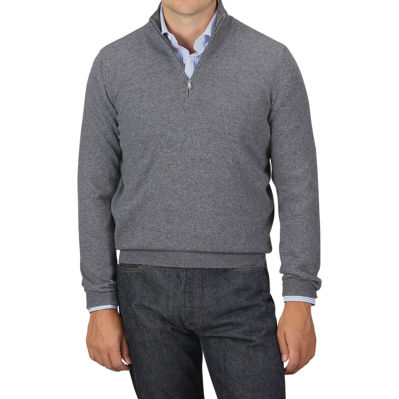 A person wearing a Gran Sasso Grey Melange Cashmere 1/4 Zip Sweater over a light blue shirt and dark jeans. Their head is not visible in the image.