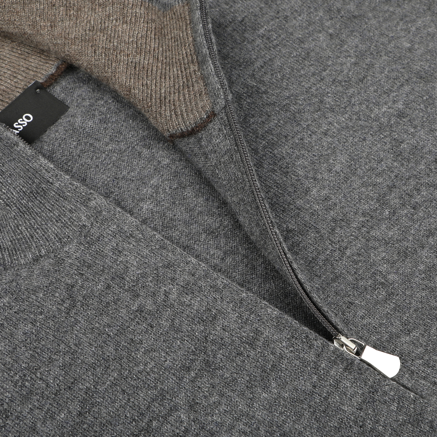 Close-up of the Gran Sasso Grey Melange Cashmere 1/4 Zip Sweater showcasing the zipper detail and brown lining around the collar area, with a partially visible black tag, exemplifying its premium knitwear quality.