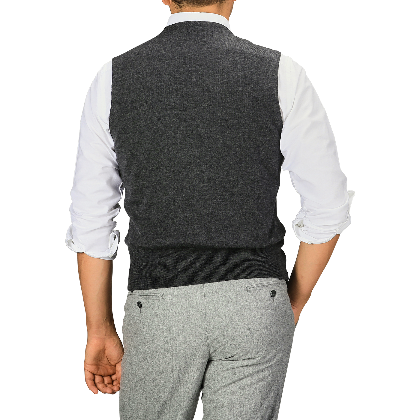 A person is wearing a Gran Sasso Grey Melange Knitted Merino Wool Waistcoat over a white shirt and light gray pants, with their back facing the camera.