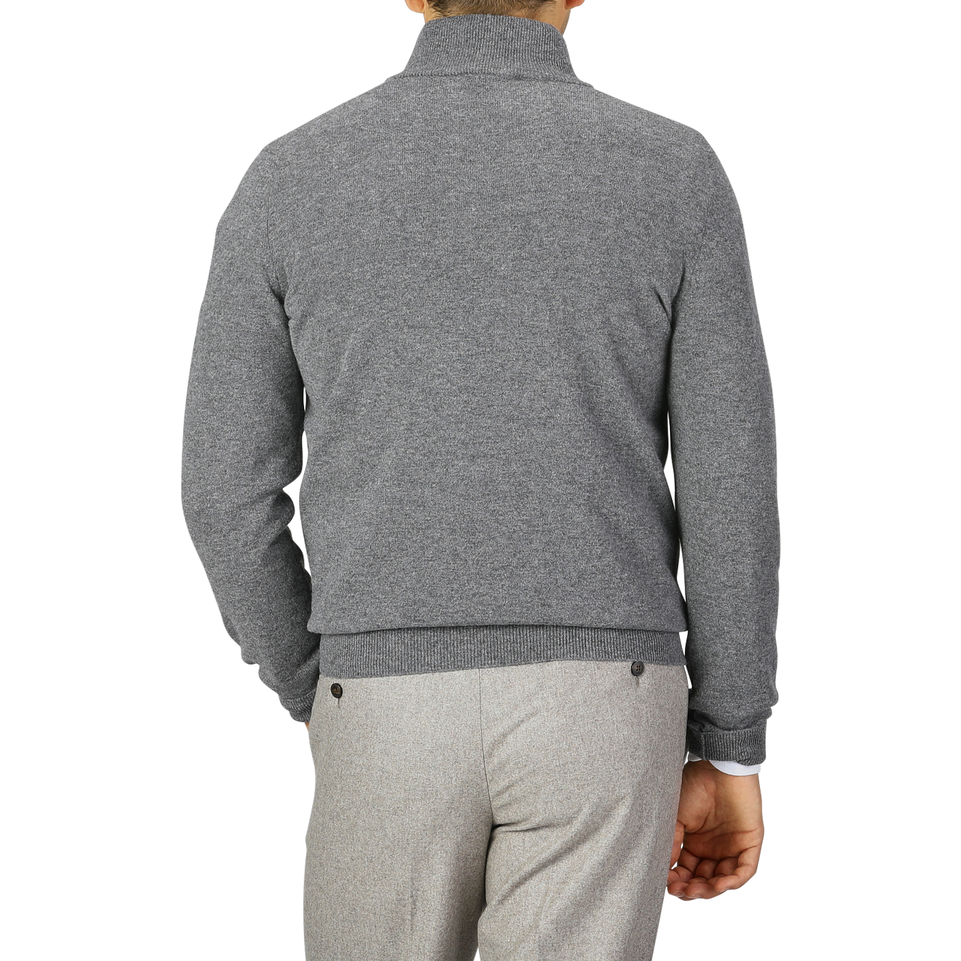 Back view of a person wearing a Gran Sasso Grey Melange Wool Cashmere 1/4 Zip Sweater and light grey pants, standing against a plain grey background.