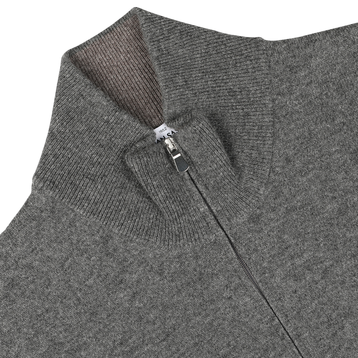 This Gran Sasso Grey Melange Wool Cashmere 1/4 Zip Sweater features a high collar with ribbing on the inside and a quarter-zip closure. A small white tag is visible at the neckline, adding a subtle touch to this piece of sustainable knitwear.