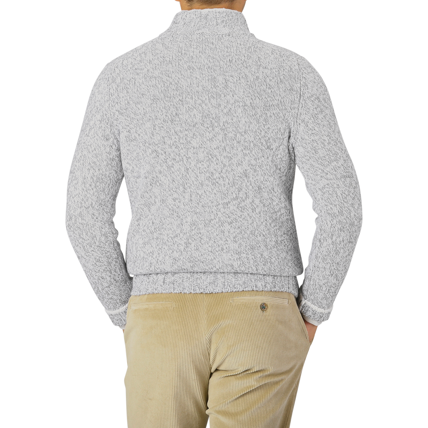 A person stands facing backwards, wearing a Gran Sasso Grey Melange Wool Quarter Button Sweater and beige corduroy pants.