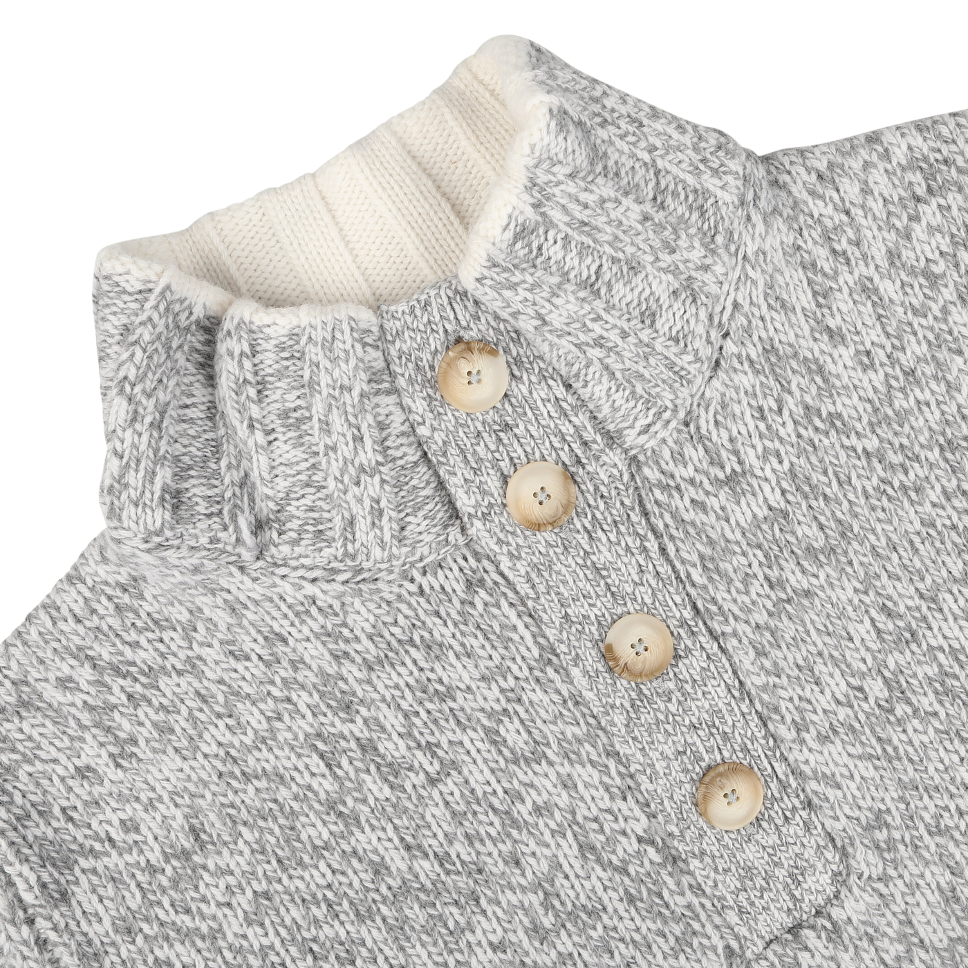 Close-up of a Gran Sasso Grey Melange Wool Quarter Button Sweater with a high collar and four wooden buttons on the front.