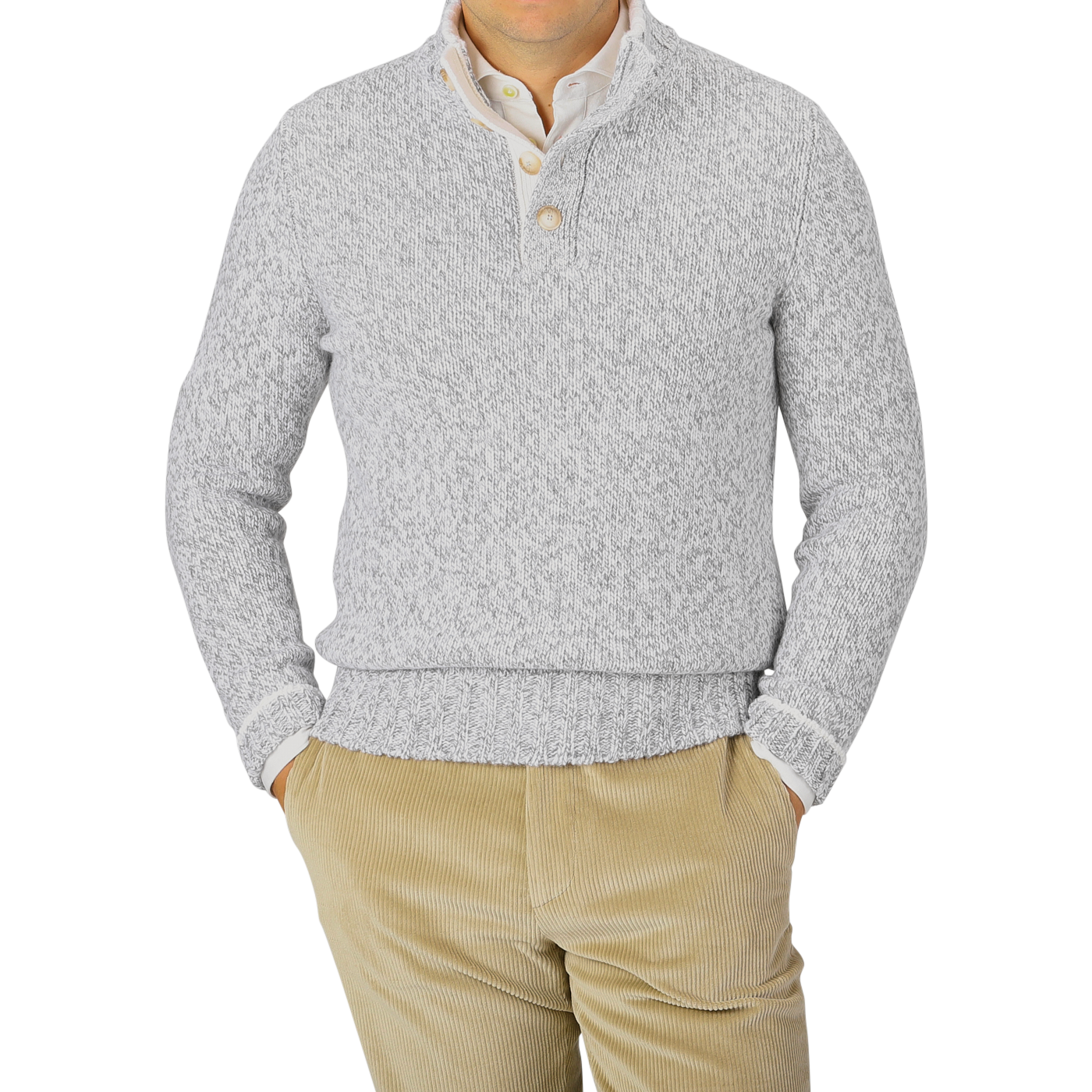 A person wearing a Gran Sasso Grey Melange Wool Quarter Button Sweater and beige corduroy pants.