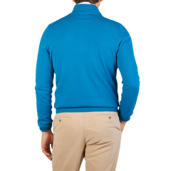 The back of a man wearing a Gran Sasso Hot Blue Cashmere 1/4 Zip Sweater.